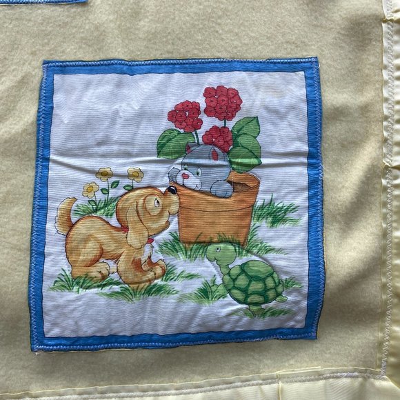 Vintage Hand Crafted Yellow Baby Blanket Animal Appliques Satin Edge Floor Time - Picture 11 of 16
